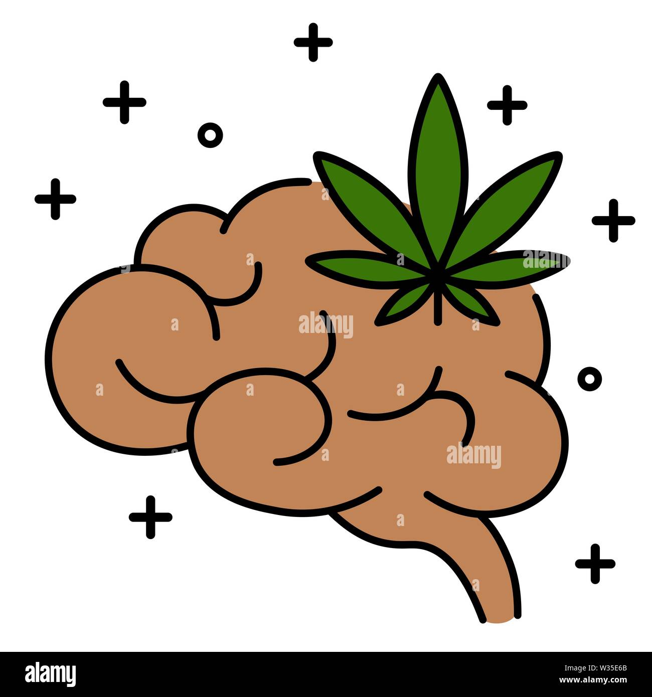 Marijuana leaf with human brain. Influence of smoking marijuana on