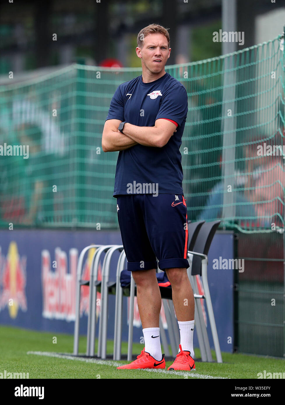 Leipzig, Germany. 12th July, 2019. Soccer, test matches: RB Leipzig - FC  Zürich: Leipzig's coach Julian Nagelsmann is on the pitch. Credit: Ronny  Hartmann/dpa-Zentralbild/dpa/Alamy Live News Stock Photo - Alamy