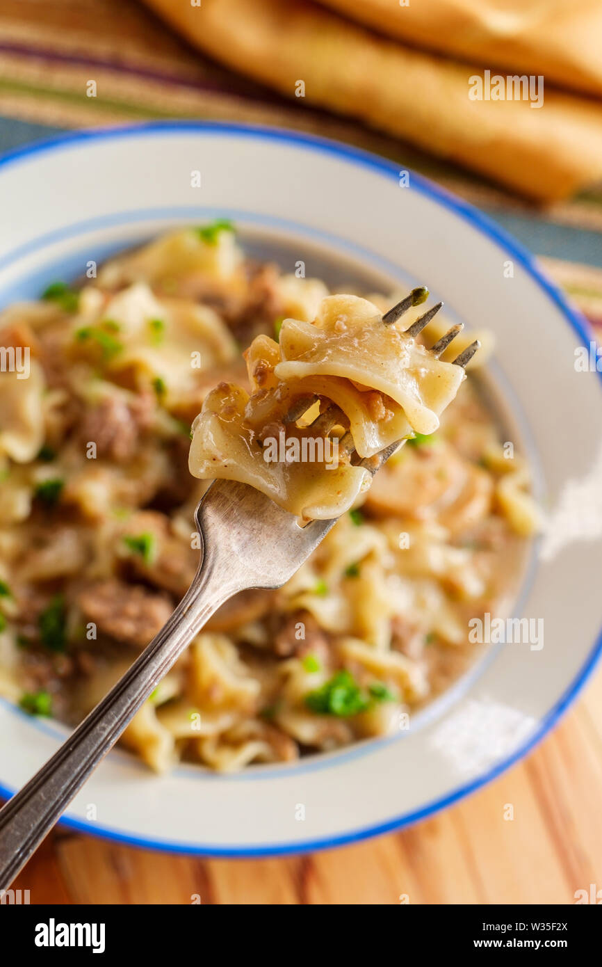 Creamy beef and mushroom stroganoff with egg noodles Stock Photo - Alamy