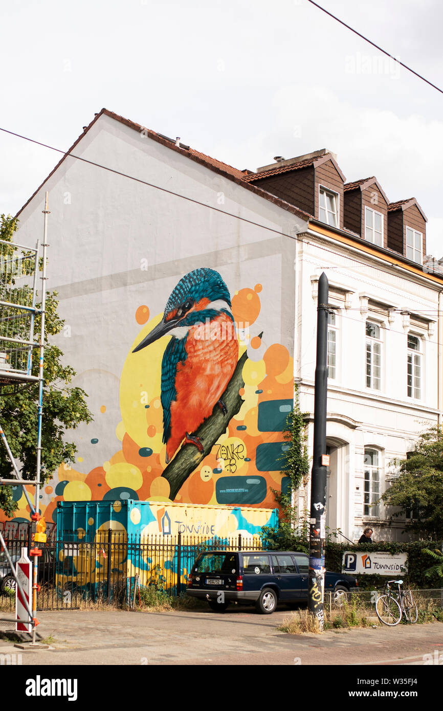 The Eisvogel Am Dobben, street art of a kingfisher in Bremen, Germany, from Hochkreativ, a German artists cooperative. Stock Photo