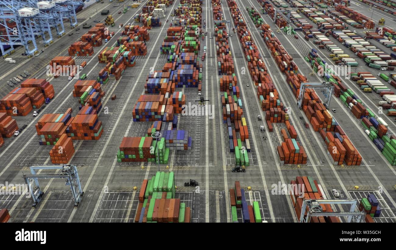 Aerial shot of large shipping containers area Stock Photo Alamy