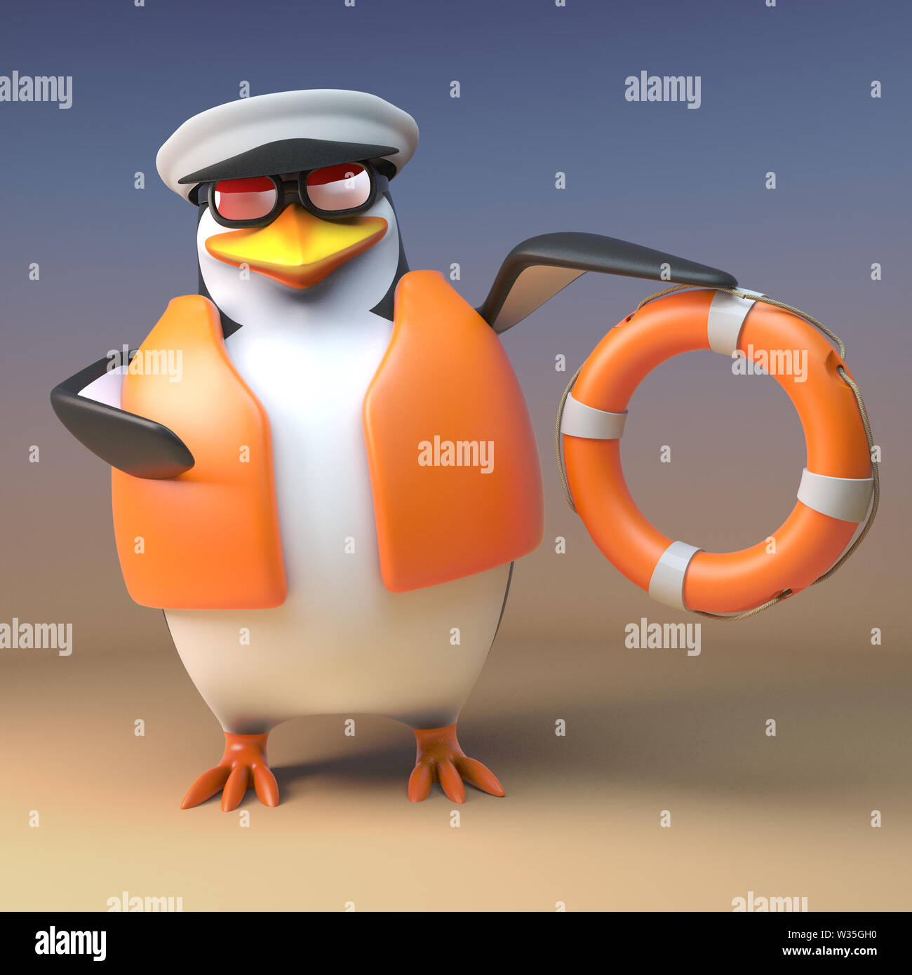Funny 3d penguin sailor captain comes to the rescue with his buouyancy life ring, 3d illustration render Stock Photo