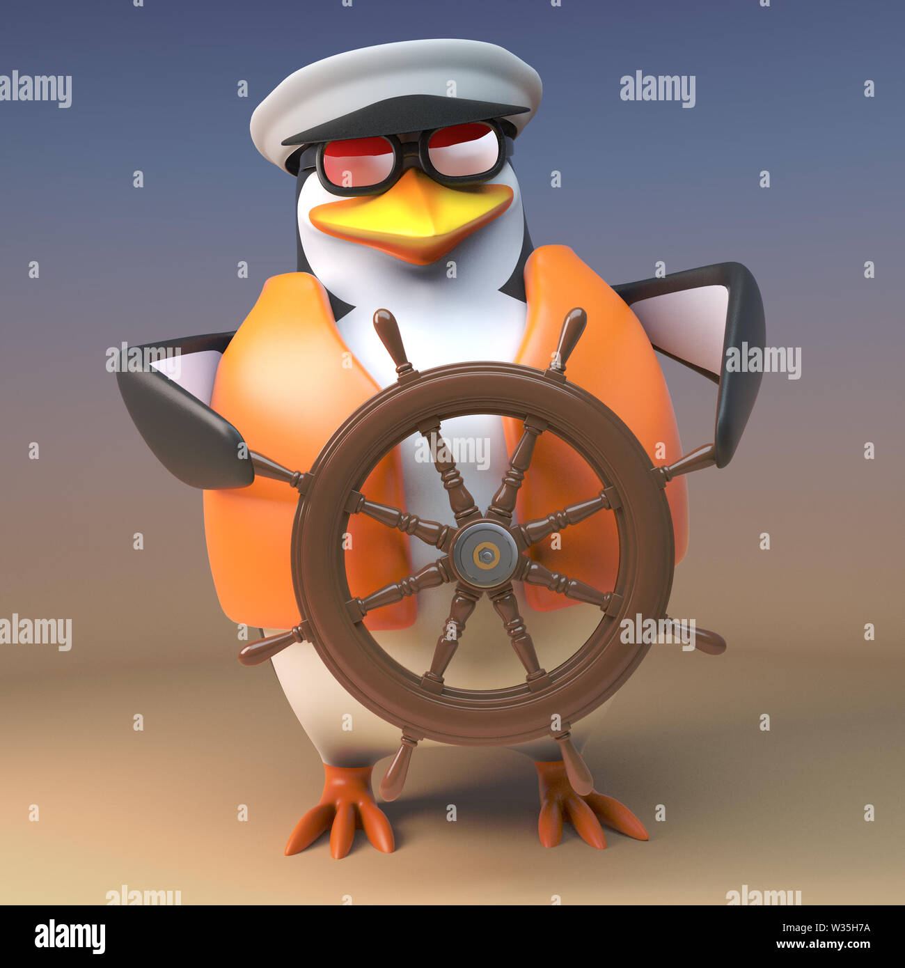 Brave sailor captain penguin steers his ship to safety in any seas, 3d illustration render Stock Photo