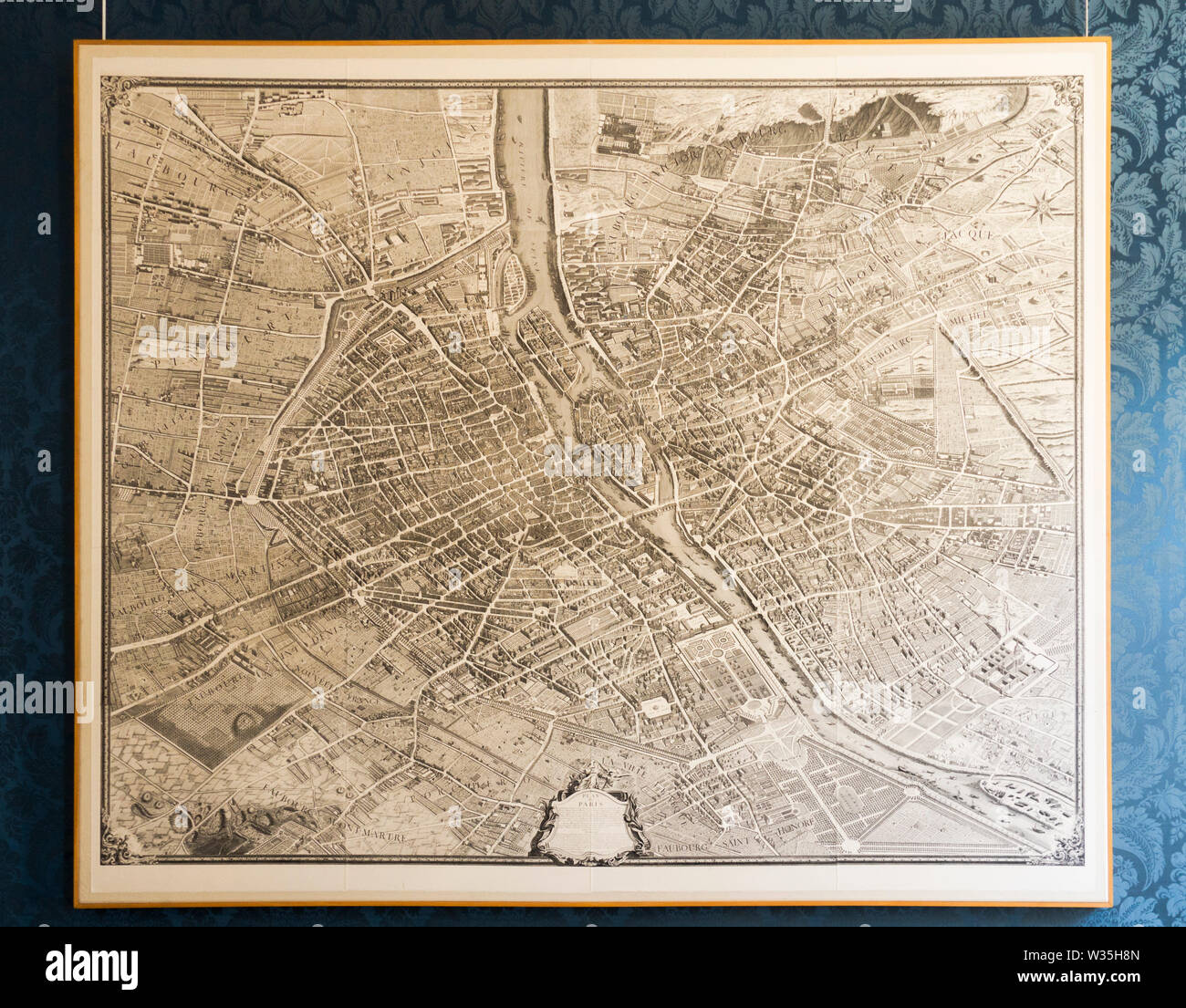 Vintage map of Paris in Interior of National Archives Building, former Hotel de Soubise, museum of french history, Paris, France. Stock Photo