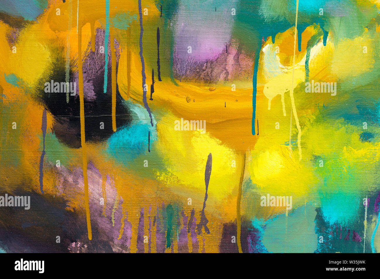 Bright colorful contrast abstract paint in excellent yellow, orange, blue tones. Stock Photo