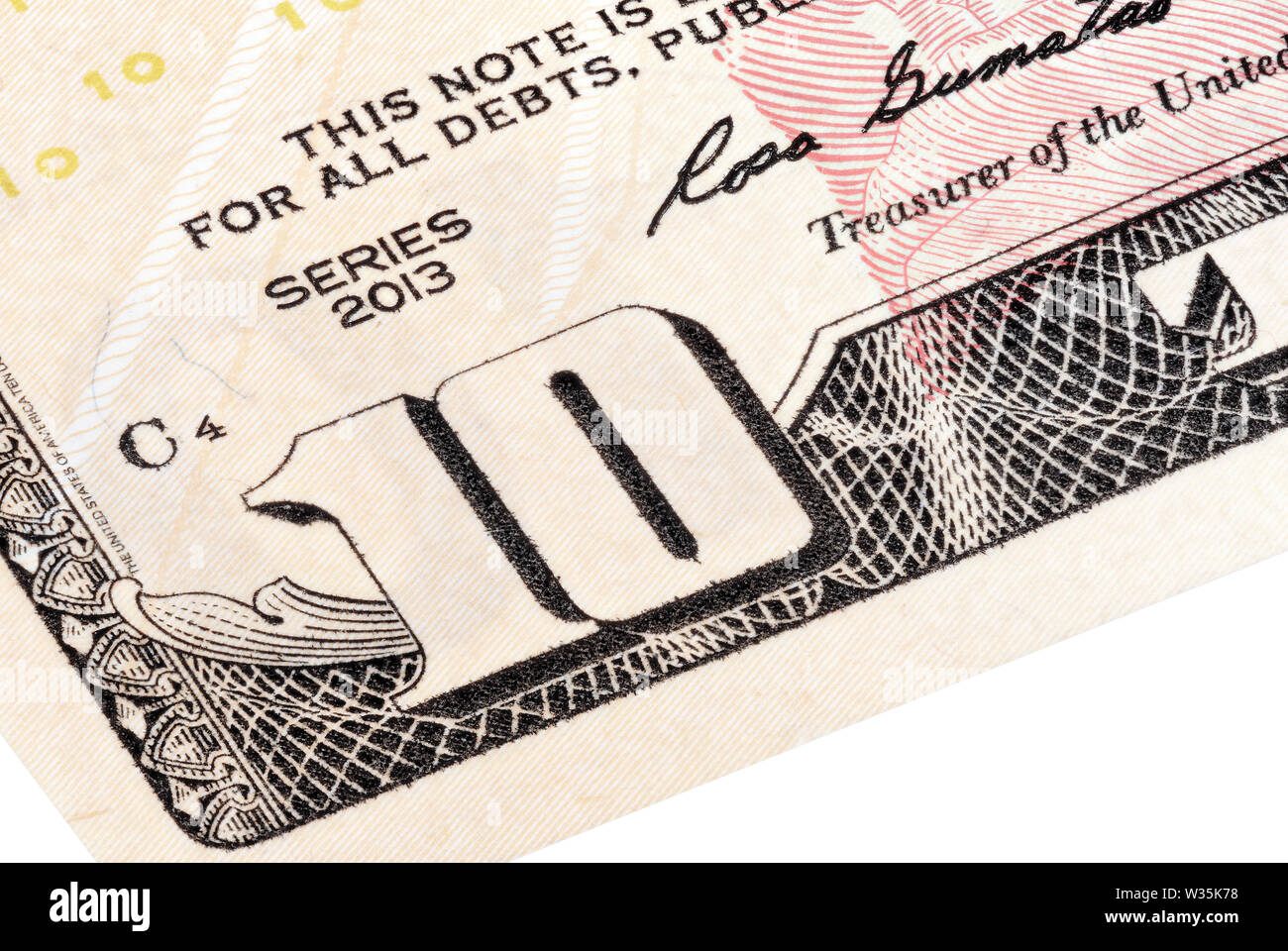 Detail of 10 dollars bill, macro photo. Stacked shot. Stock Photo