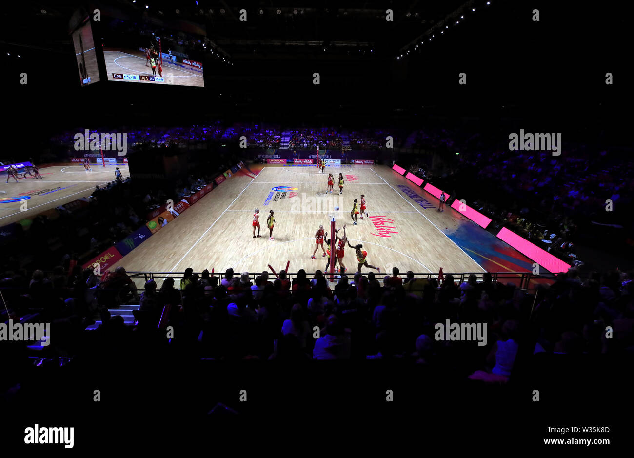 General view of the action between England and Uganda during the Netball World Cup match at the M&S Bank Arena, Liverpool. Stock Photo