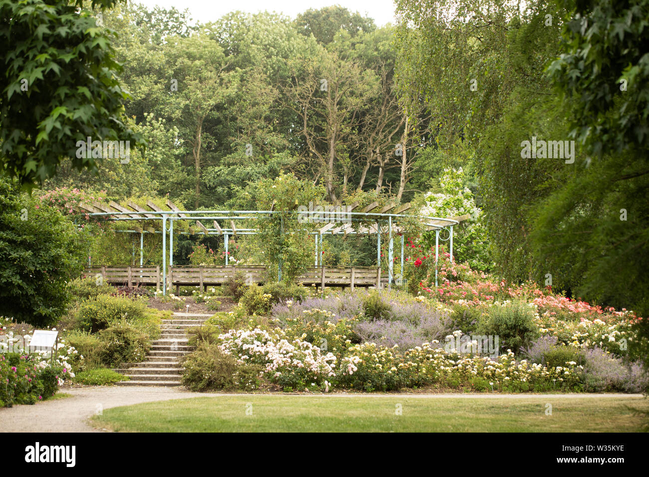 A large gazebo in the rose garden of the Rhododendron Park on a summer day in Bremen, Germany. Stock Photo