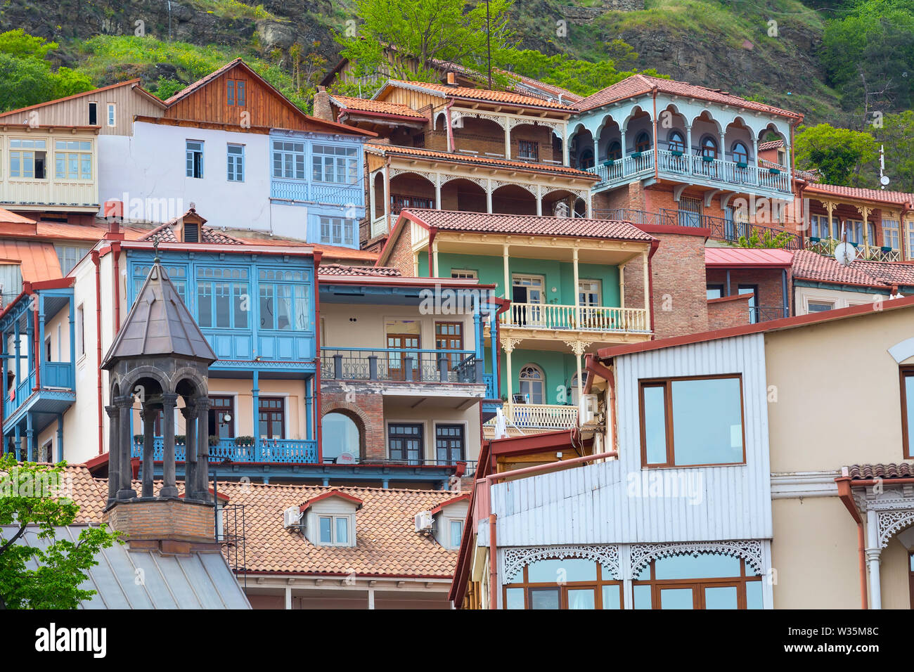 aerial view with houses with traditional wooden carving balconies of Old Town of Tbilisi, Republic of Georgia Stock Photo