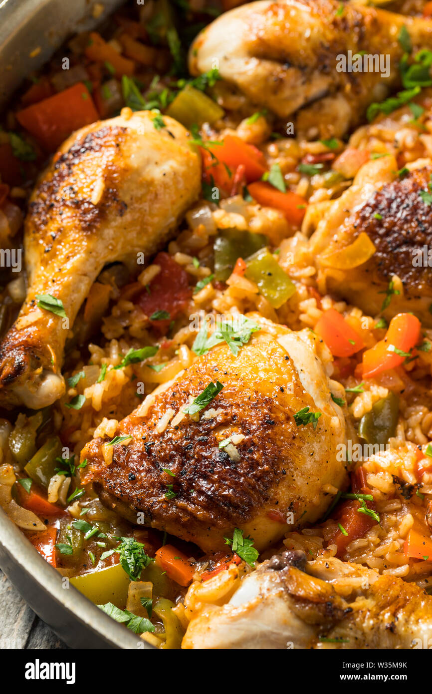Homemade Spanish Arroz con Pollo with Veggies Stock Photo