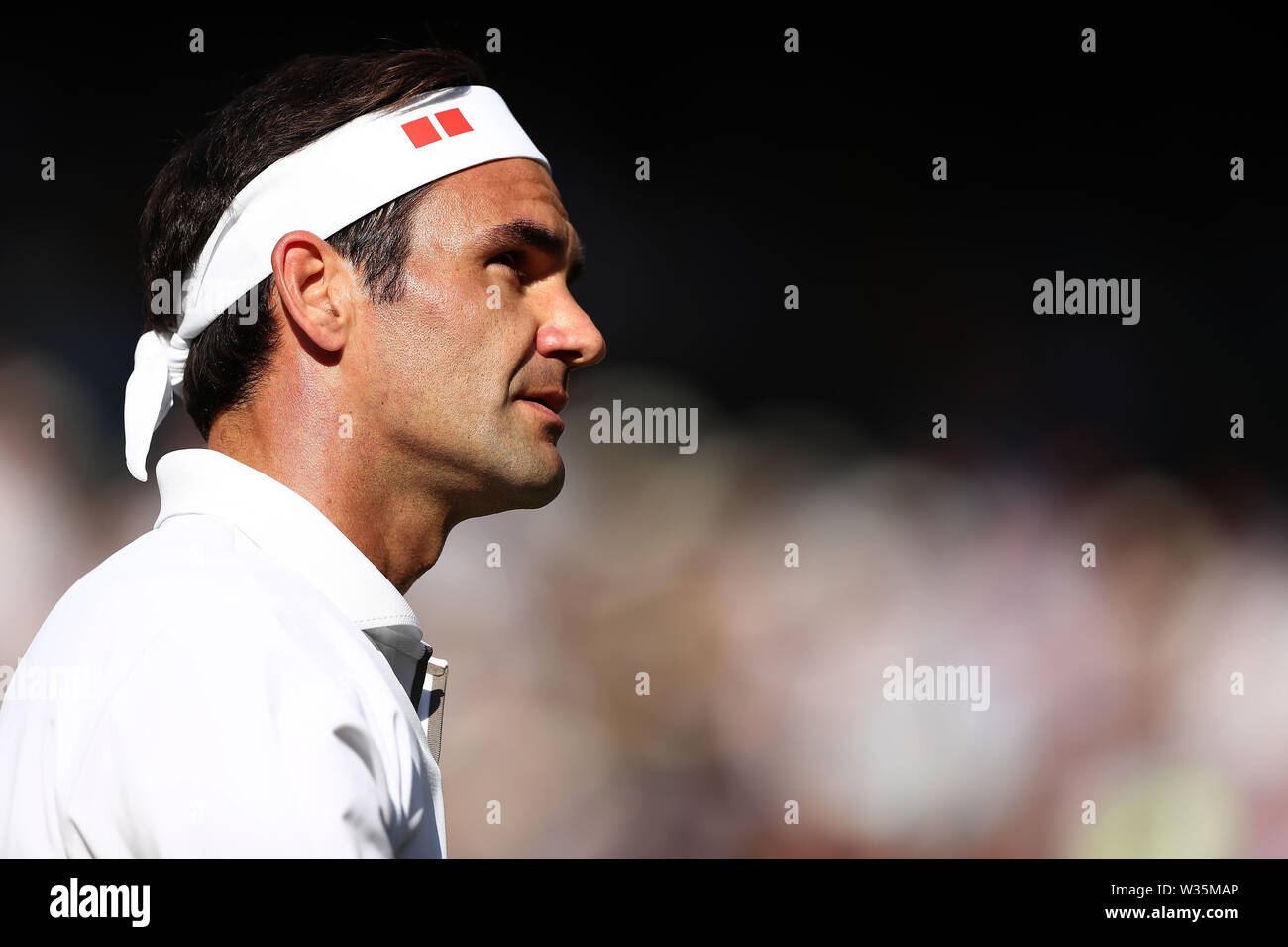 London, UK. 12th July, 2019. 12th July 2019, The All England Lawn Tennis and Croquet Club, Wimbledon, England, Wimbledon Tennis Tournament, Day 11; Roger Federer (SUI) looks up at his players box during his match with Rafael Nadal (ESP) Credit: Action Plus Sports Images/Alamy Live News Stock Photo