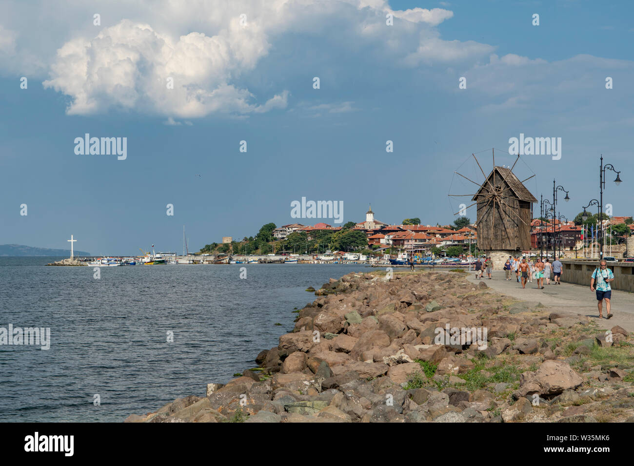 The Isthmus and the Windmill, Nessebar, Bulgaria Stock Photo