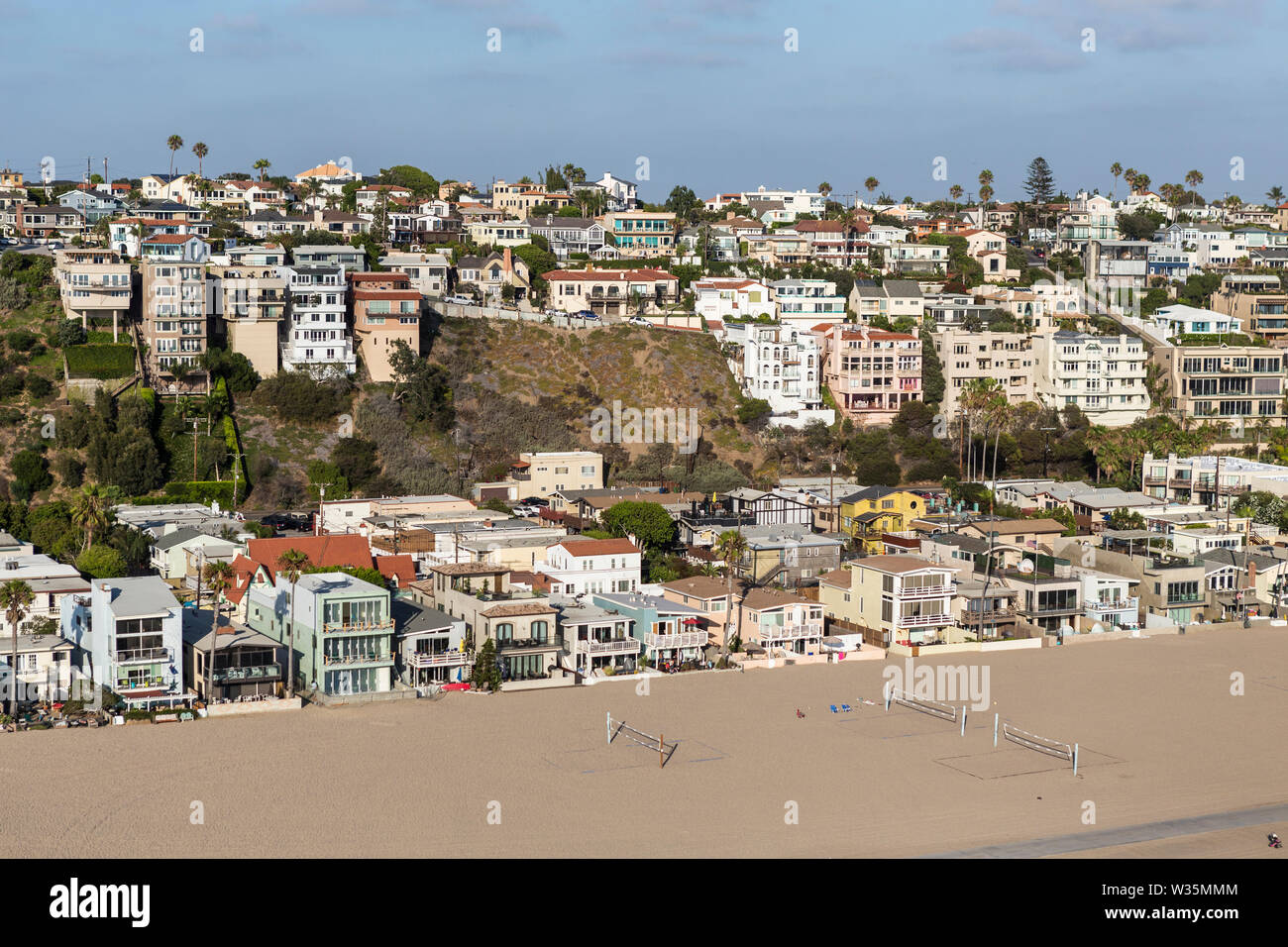 Aerial of eclectic beach housing in the Playa Vista neighborhood of Los Angeles, California. Stock Photo