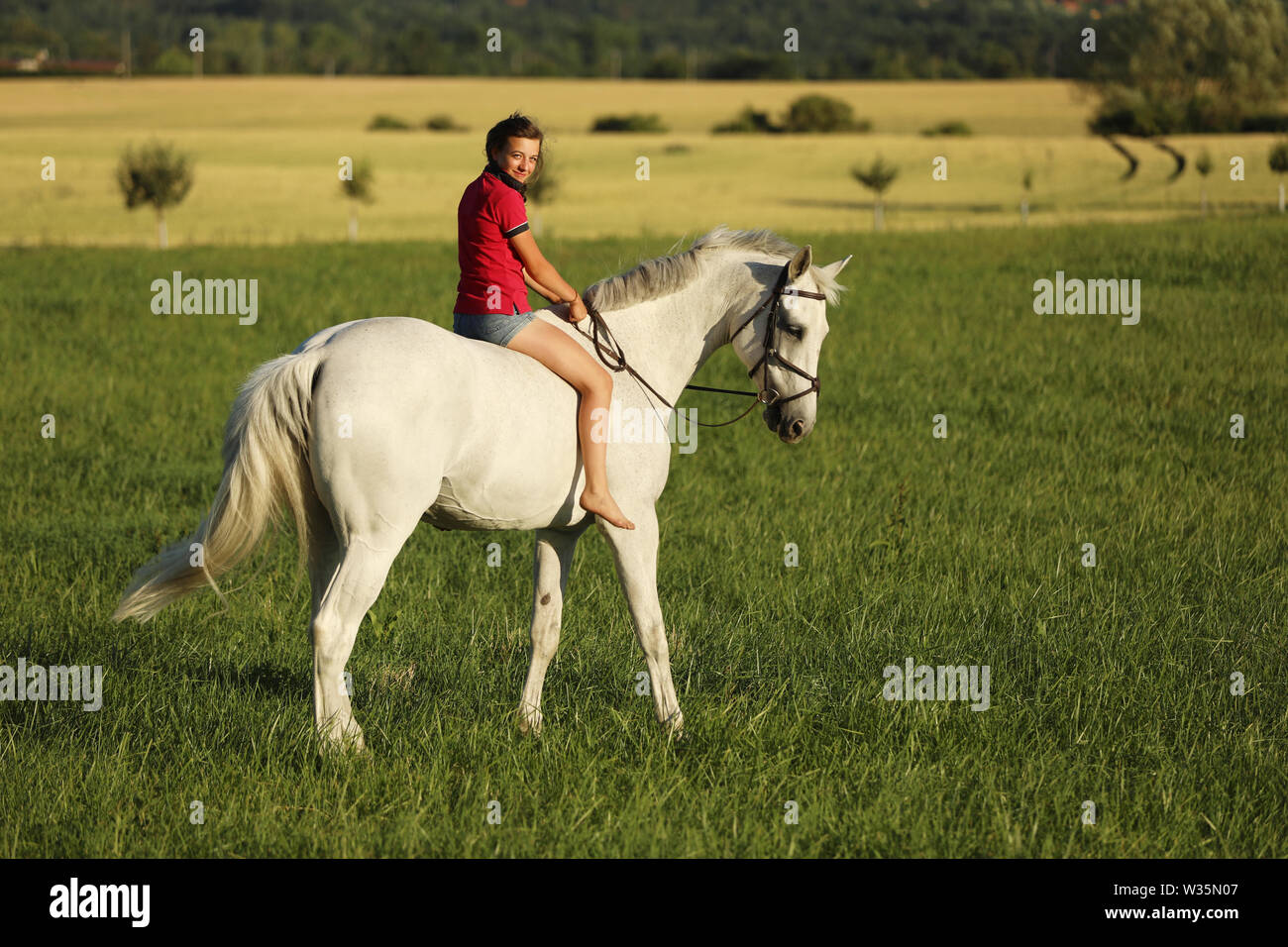 Young girl ride on white horse without saddle on meadow in late
