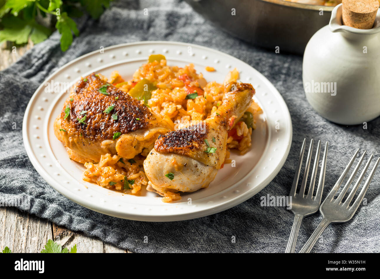 Homemade Spanish Arroz con Pollo with Veggies Stock Photo