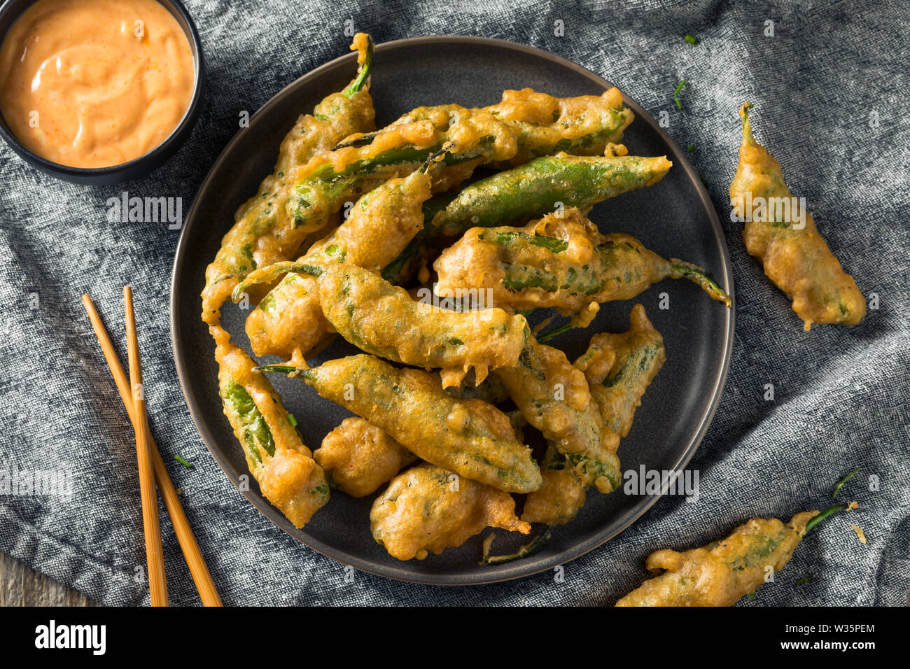 Homemade Deep Fried Shishito Peppers with Sauce Stock Photo Alamy