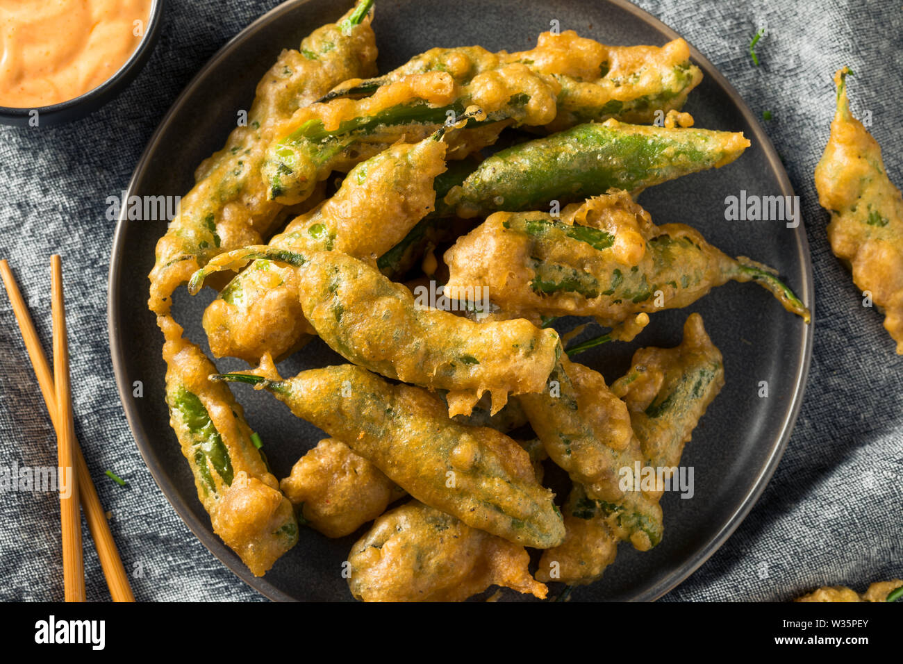 Homemade Deep Fried Shishito Peppers with Sauce Stock Photo Alamy