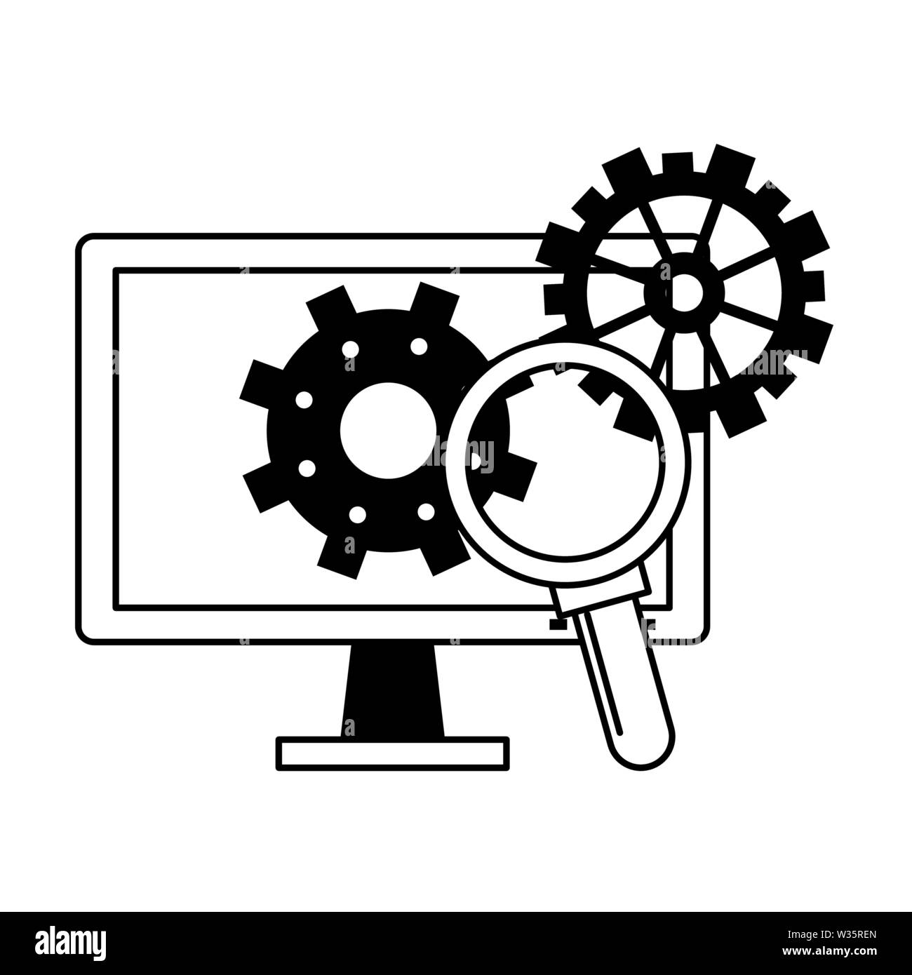 computer screen technology hardware cartoon in black and white Stock Vector