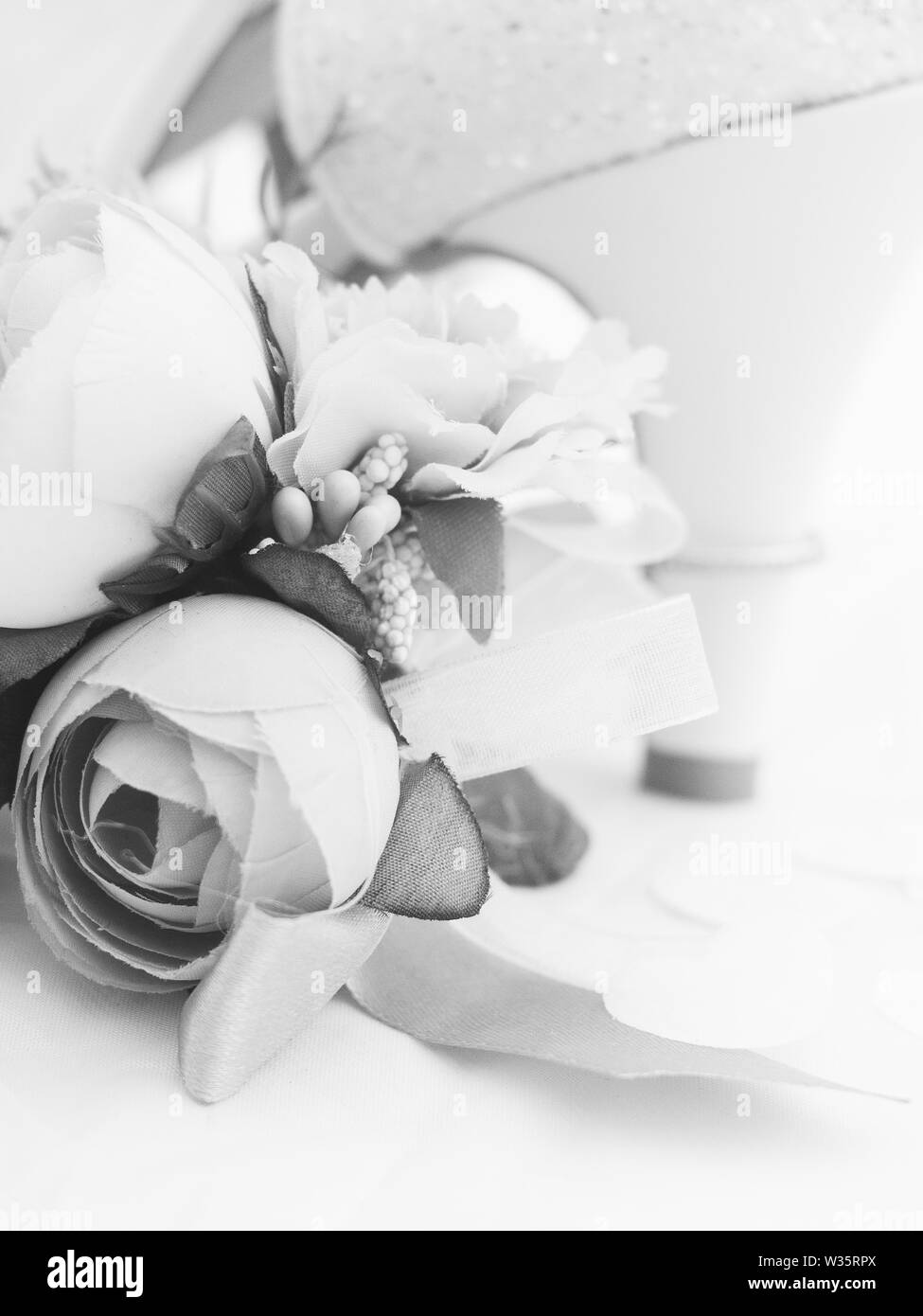 wedding dress, flowers shoes, earrings Stock Photo
