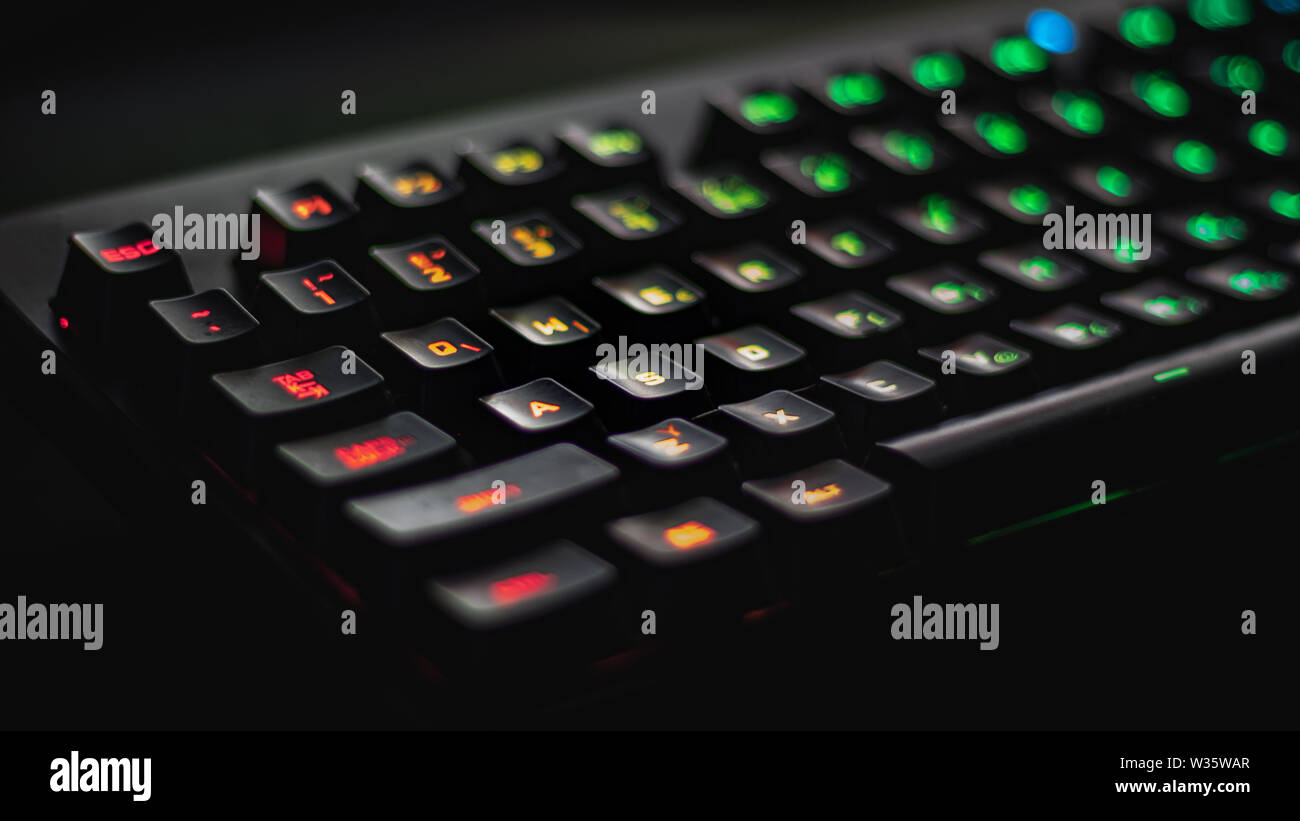 Blurred illuminated multicolor gaming keyboard Stock Photo