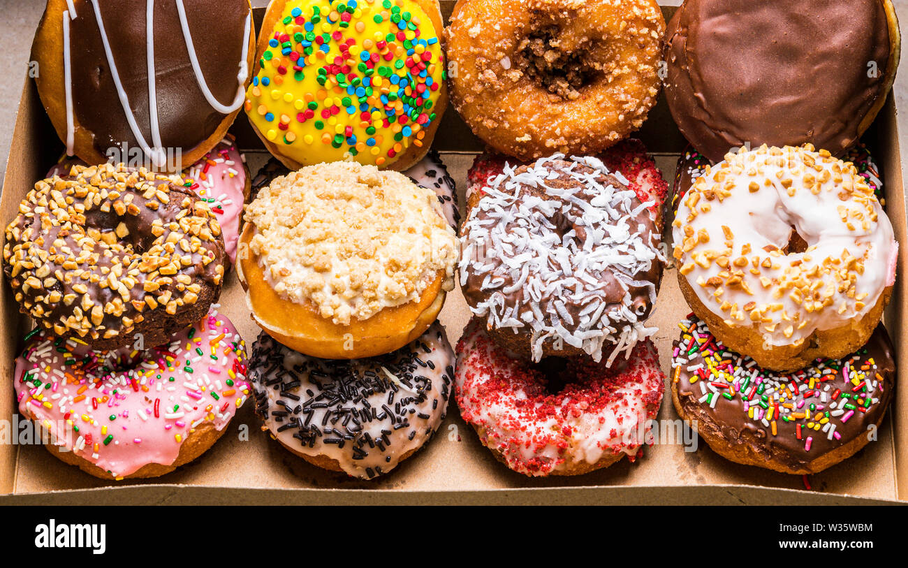 assorted donuts in paper box Stock Photo