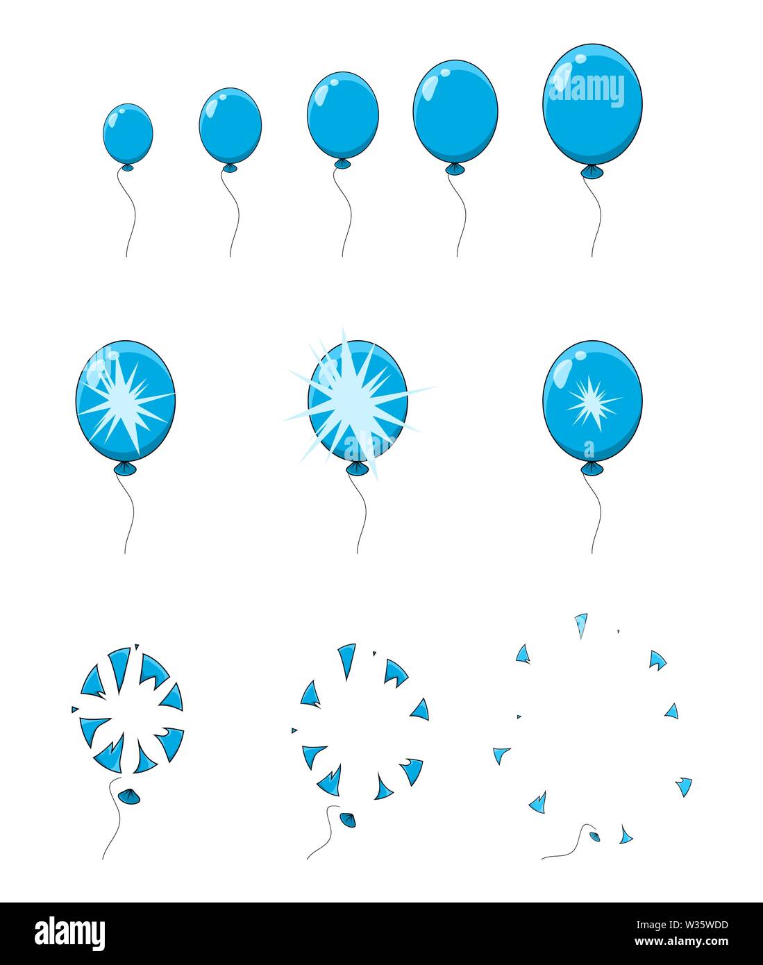 balloon pop, explosion, burst animation step, frames isolated on white Stock Vector