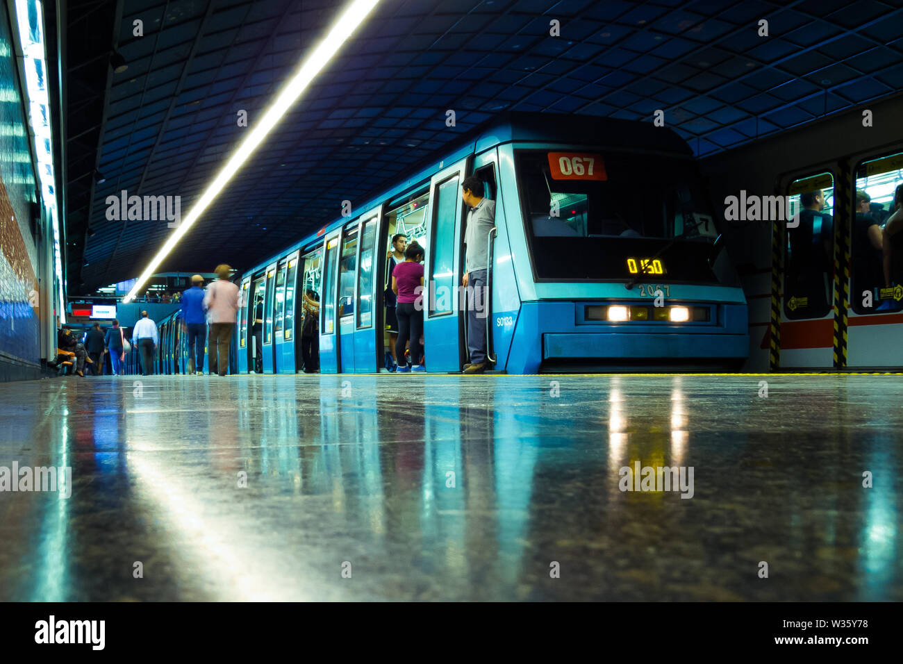 SANTIAGO, CHILE - OCTOBER 2014: A Santiago Metro NS93 train at Pedro de Valdivia station Stock Photo