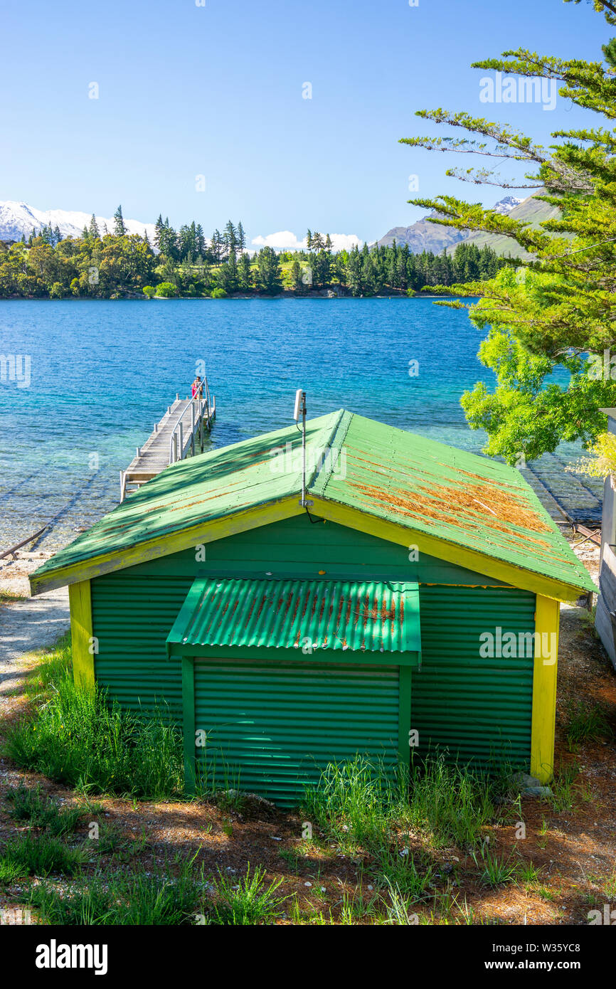 Boat shed on shores of Lake Wakatipu near Queensland, South island, New Zealand Stock Photo