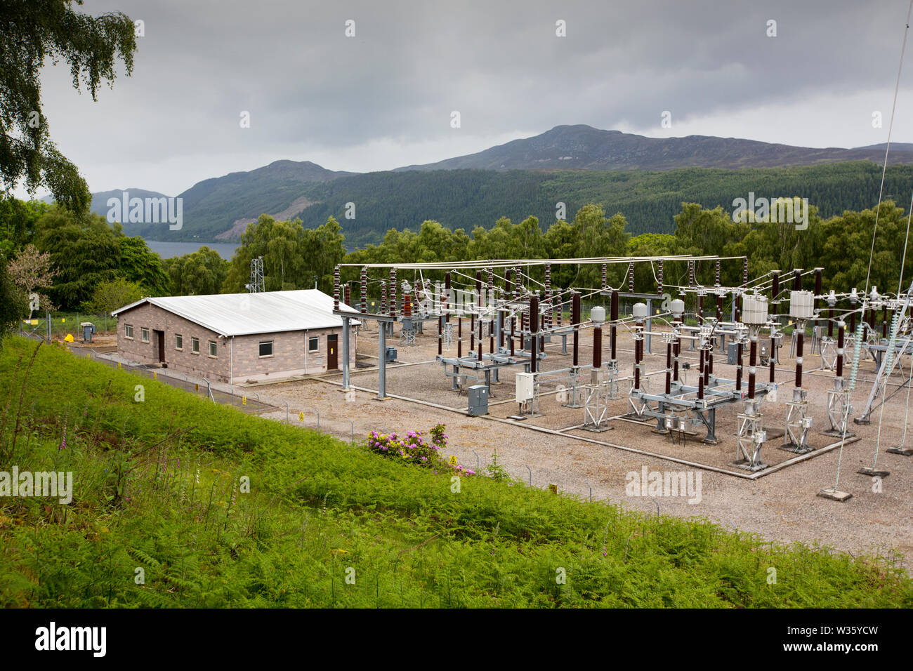 An electricity sub station near the Foyers pumped storage hydrop power ...