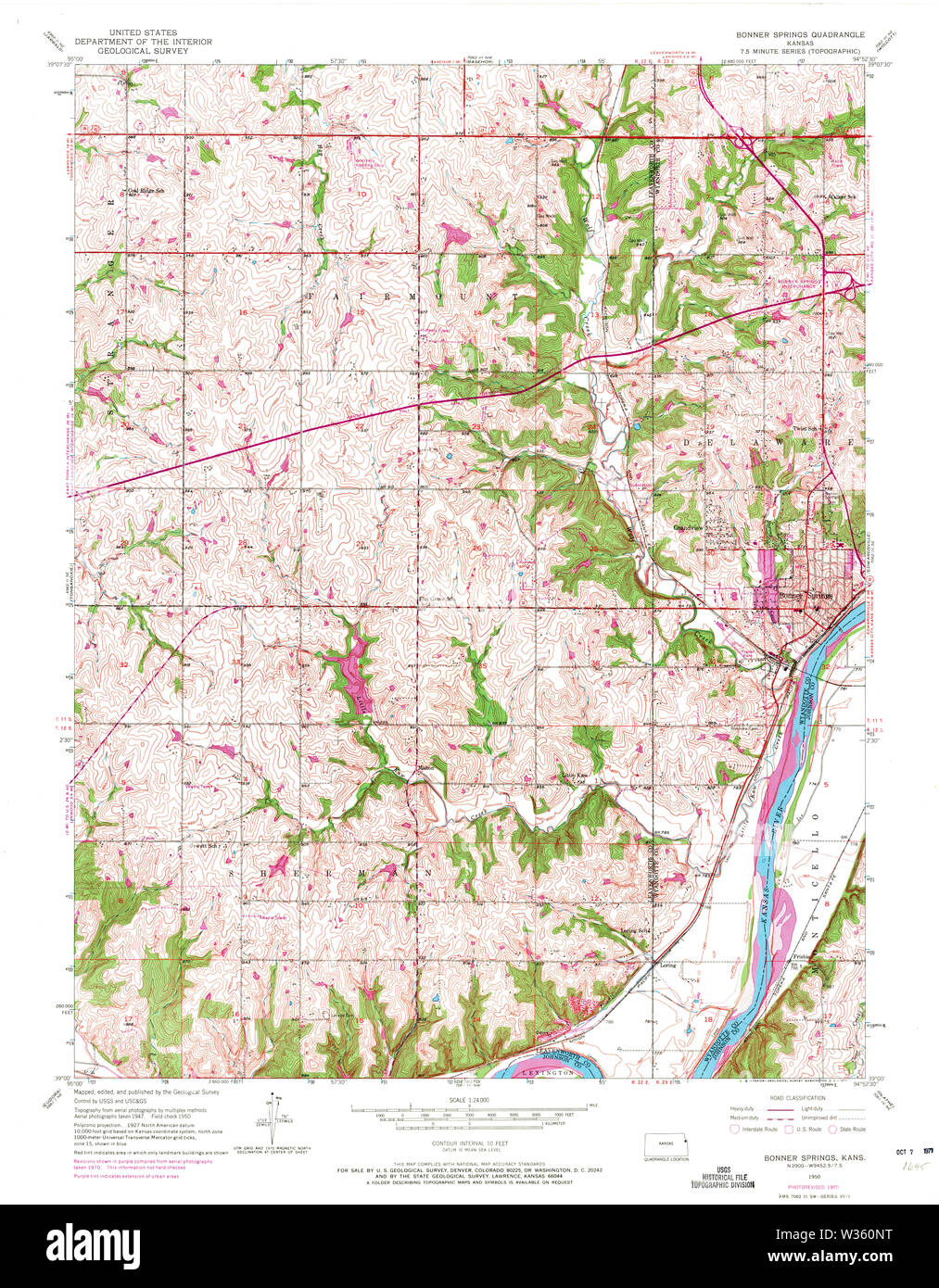 USGS TOPO Map Kansas KS Bonner Springs 801688 1950 24000 Restoration Stock Photo