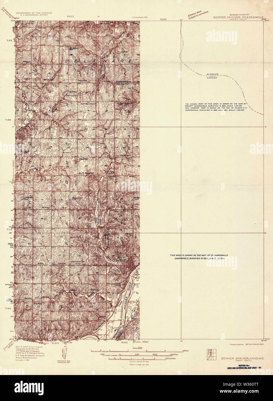 USGS TOPO Map Kansas KS Bonner Springs 801691 1934 48000 Restoration Stock Photo