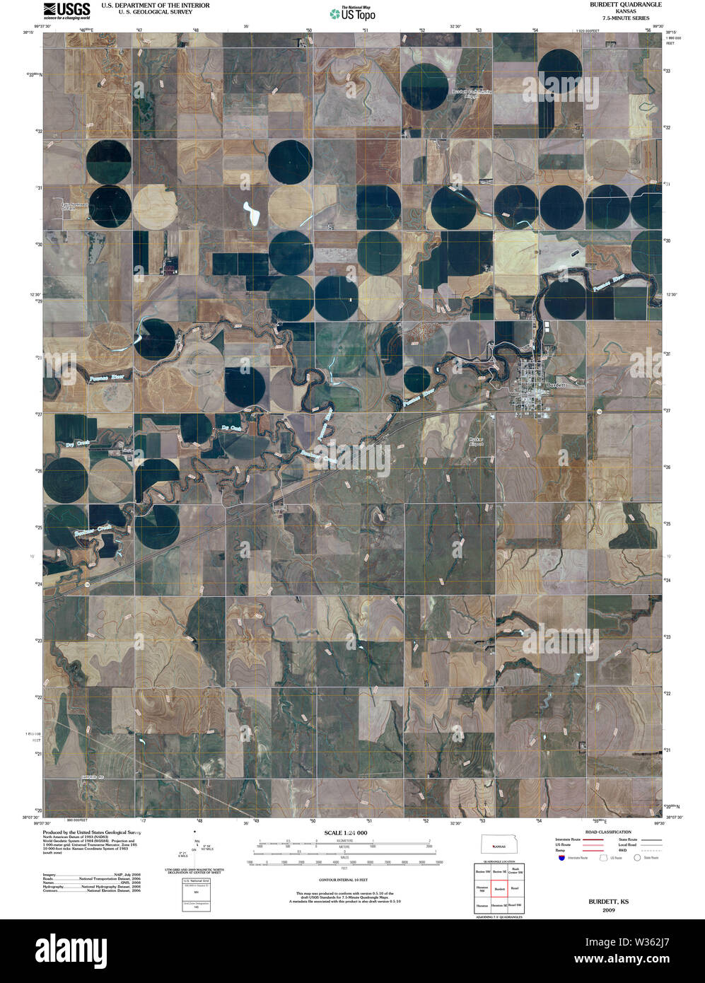 USGS TOPO Map Kansas KS Burdett 20091110 TM Restoration Stock Photo