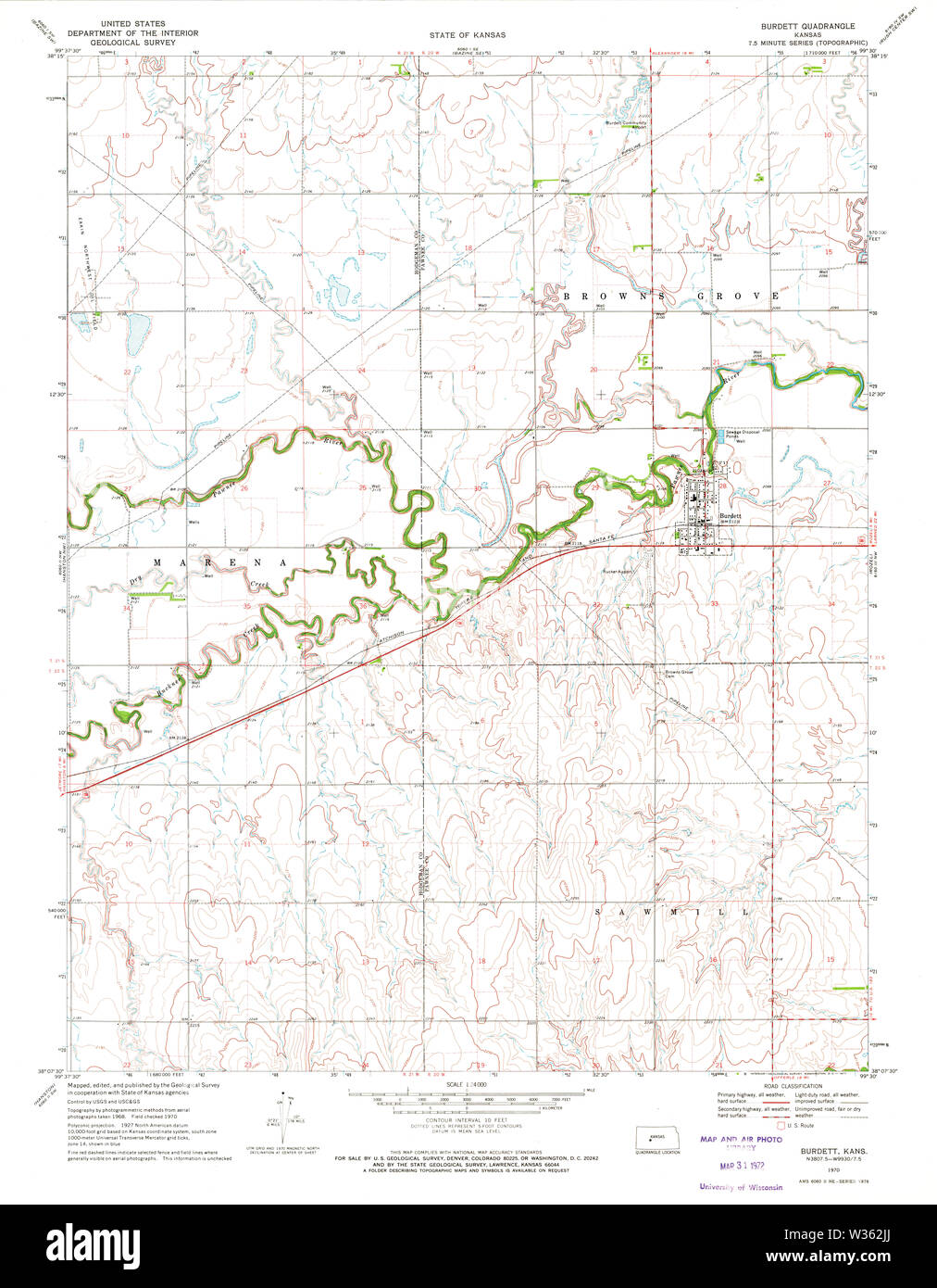 USGS TOPO Map Kansas KS Burdett 510971 1970 24000 Restoration Stock Photo