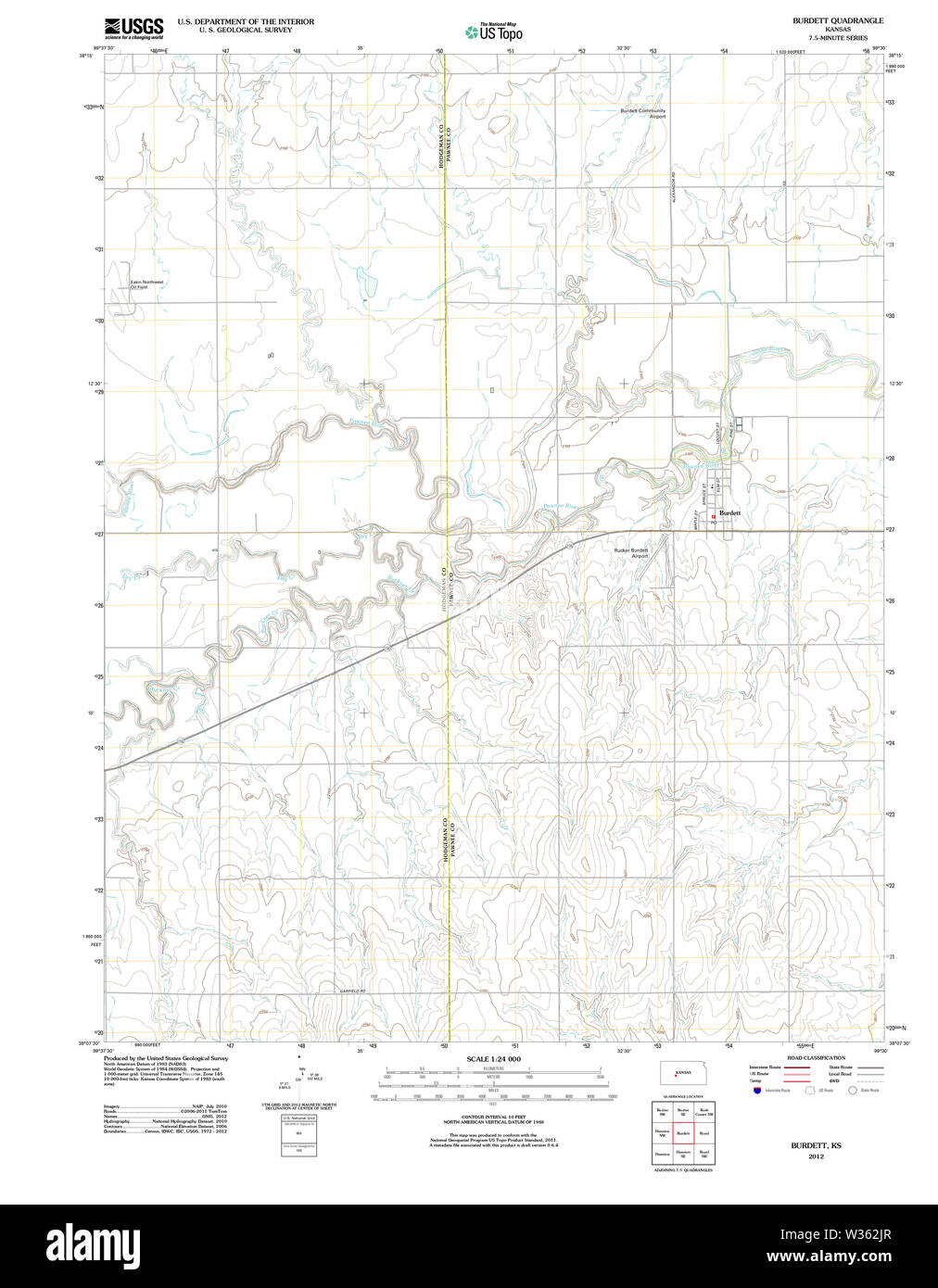 USGS TOPO Map Kansas KS Burdett 20120905 TM Restoration Stock Photo