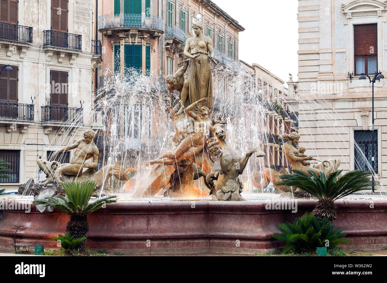 The Diana Fountain on Archimedes Square in Syracuse, Sicily Italy