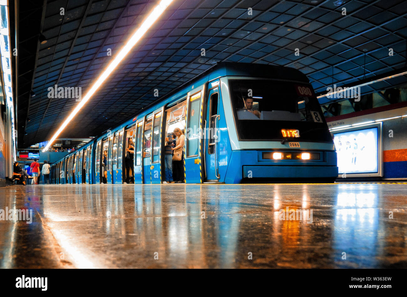 SANTIAGO, CHILE - OCTOBER 2014: A Santiago Metro NS93 train at Pedro de Valdivia station Stock Photo