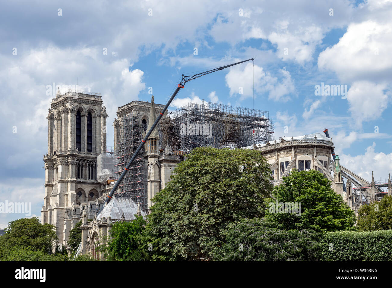Notre Dame de Paris: Reinforcement work in July 2019 after the fire Stock Photo