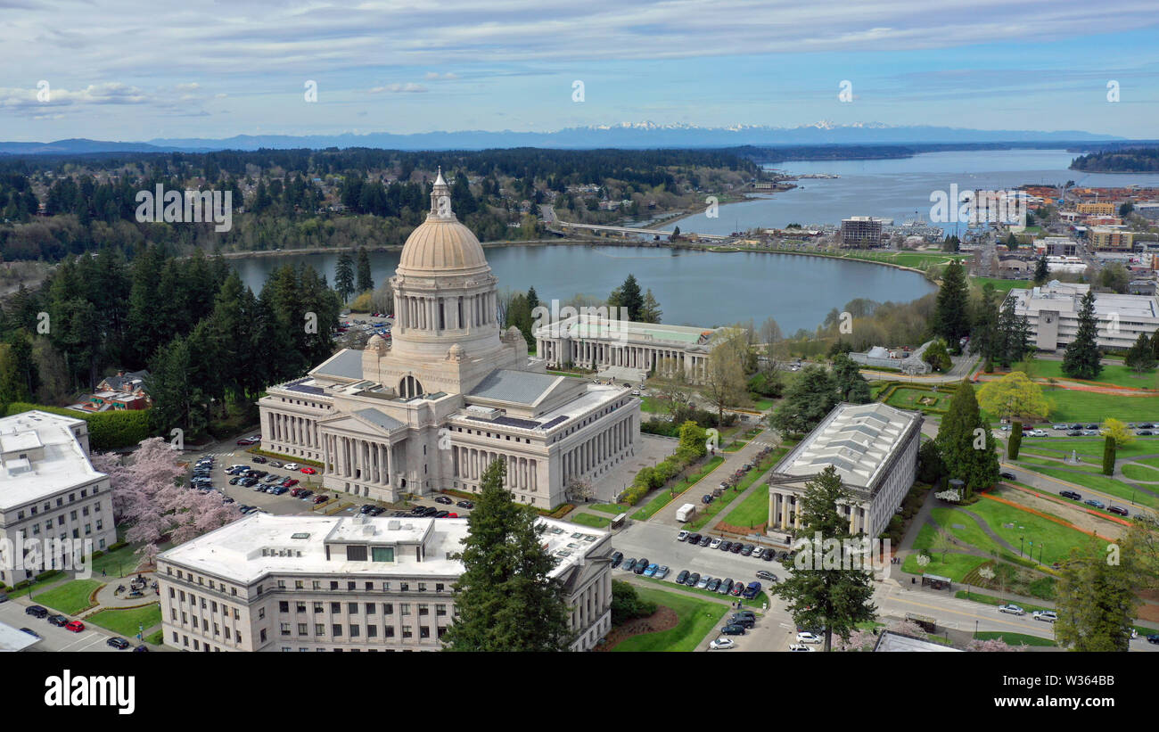 Aerial Perspective Over Spring Cherry Blossoms at the Washington State Capital building in