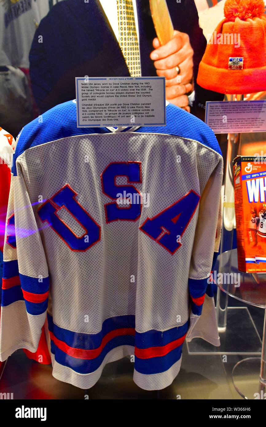 Historic hockey jerseys at the Hockey Hall of Fame in Toronto Stock