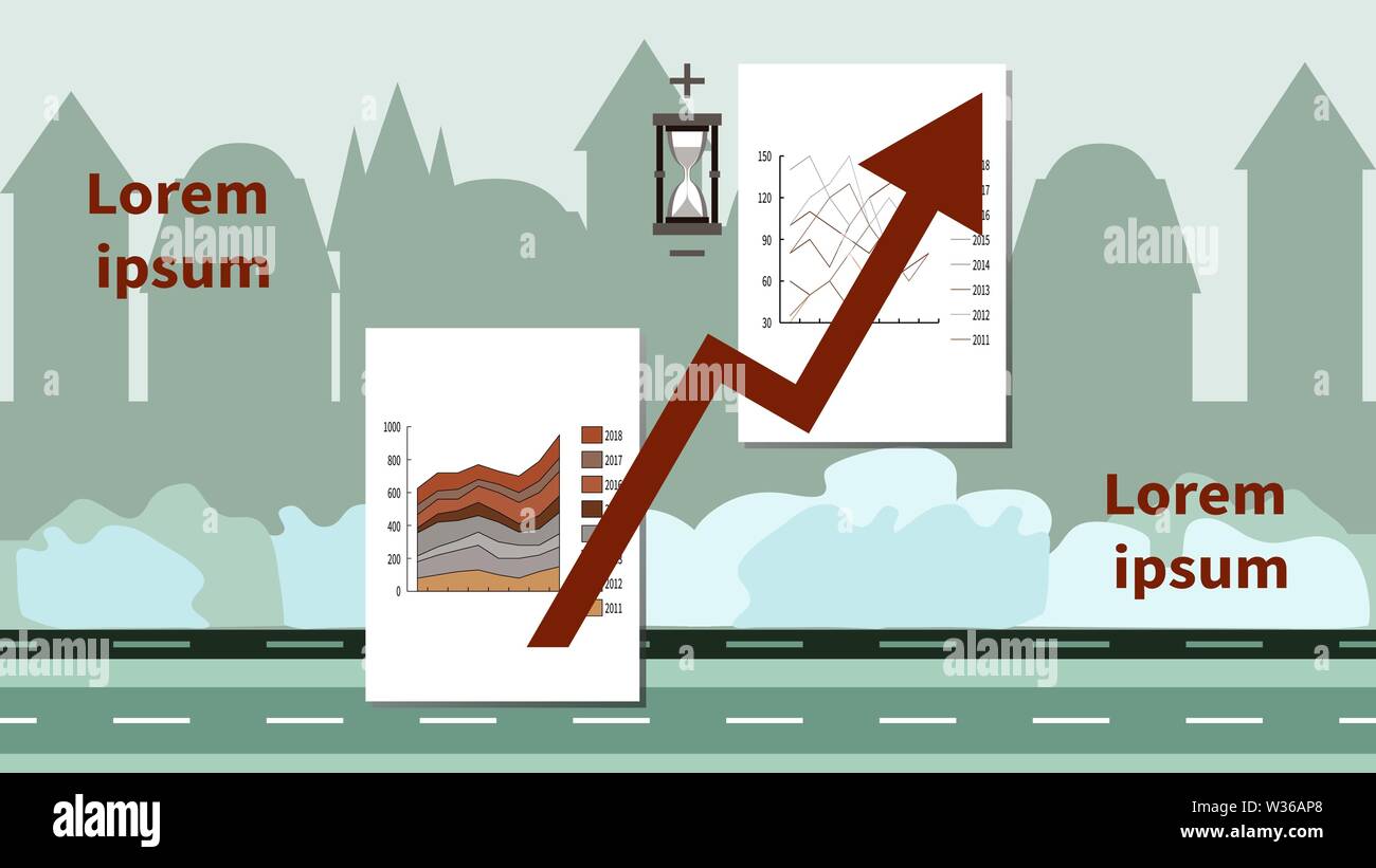 Graph, chart, growth arrow. Hourglass with plus and minus signs. City ...