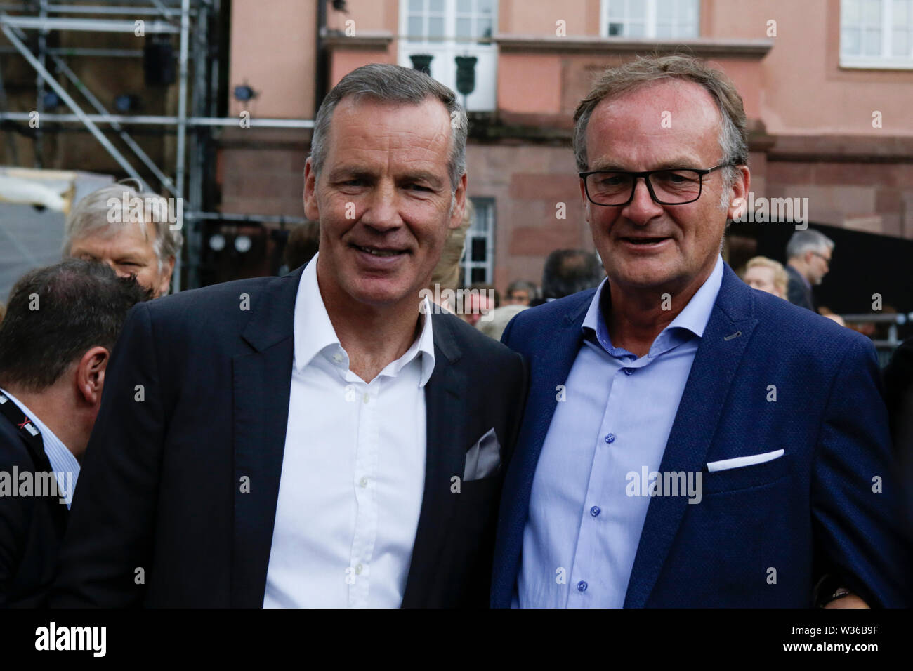 Worms, Germany. 12th July, 2019. The former professional boxer and IBF  light heavyweight World Champion Henry Maske (left) and TV host Frank  Plasberg (right) are pictured before the premiere of the  'Nibelungen-Festspiele'.