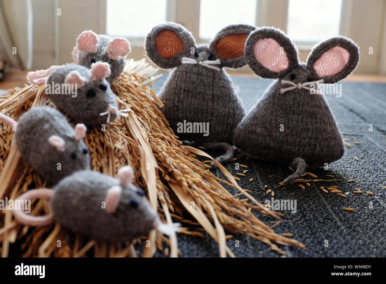 Group of handmade knit grey mouse on dry sheaf of rice plants with