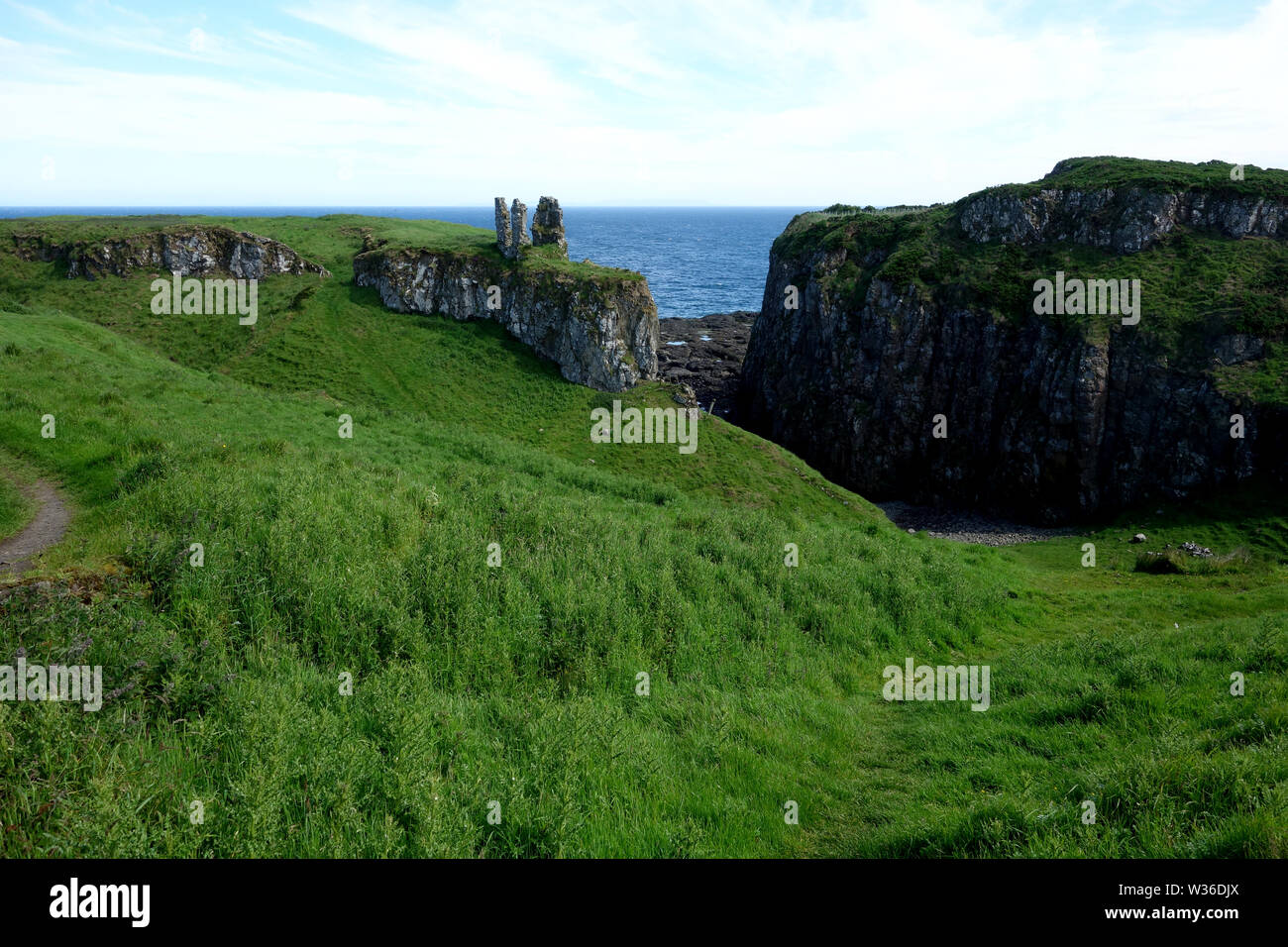 Dunseverick Castle Ruins on the Giant's Causeway Coastal Path, County Antrim, Northern Ireland, UK Stock Photo