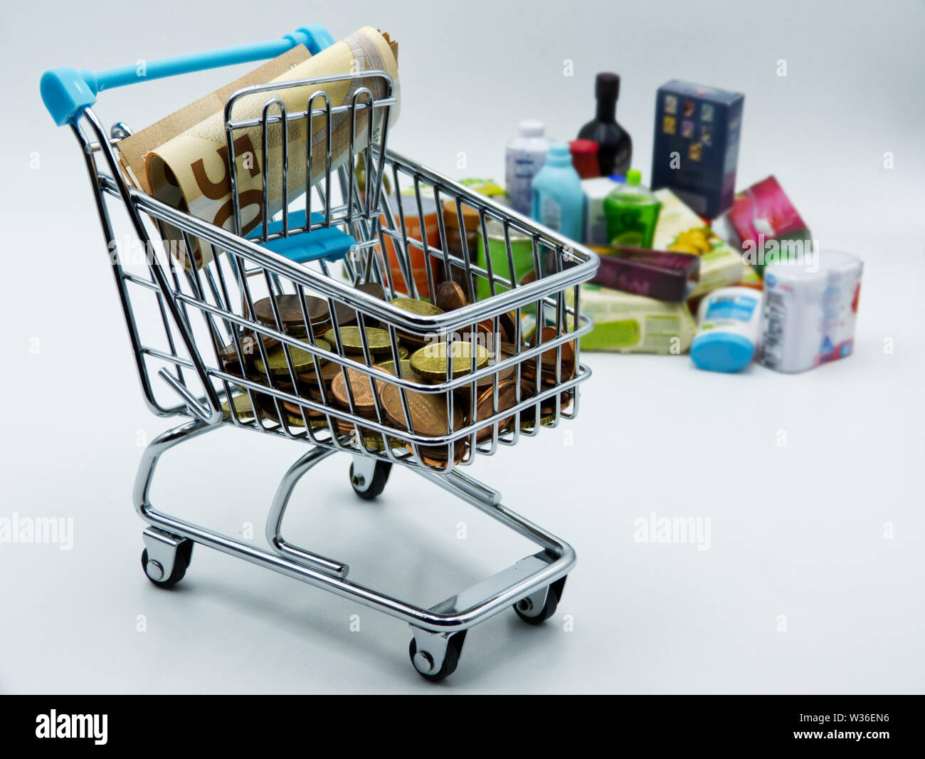 Supermarket shopping cart. Shopping cost concept on white background