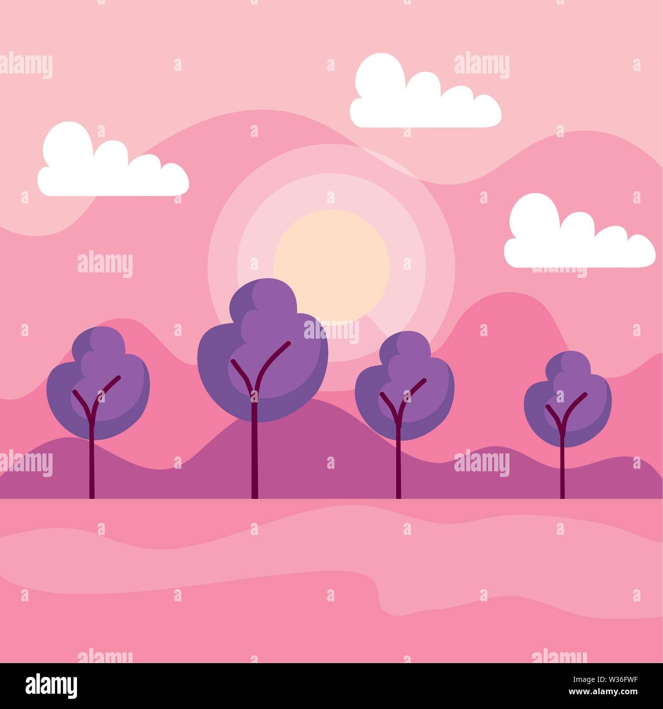 sun with nature mountains and trees with clouds Stock Vector Image ...