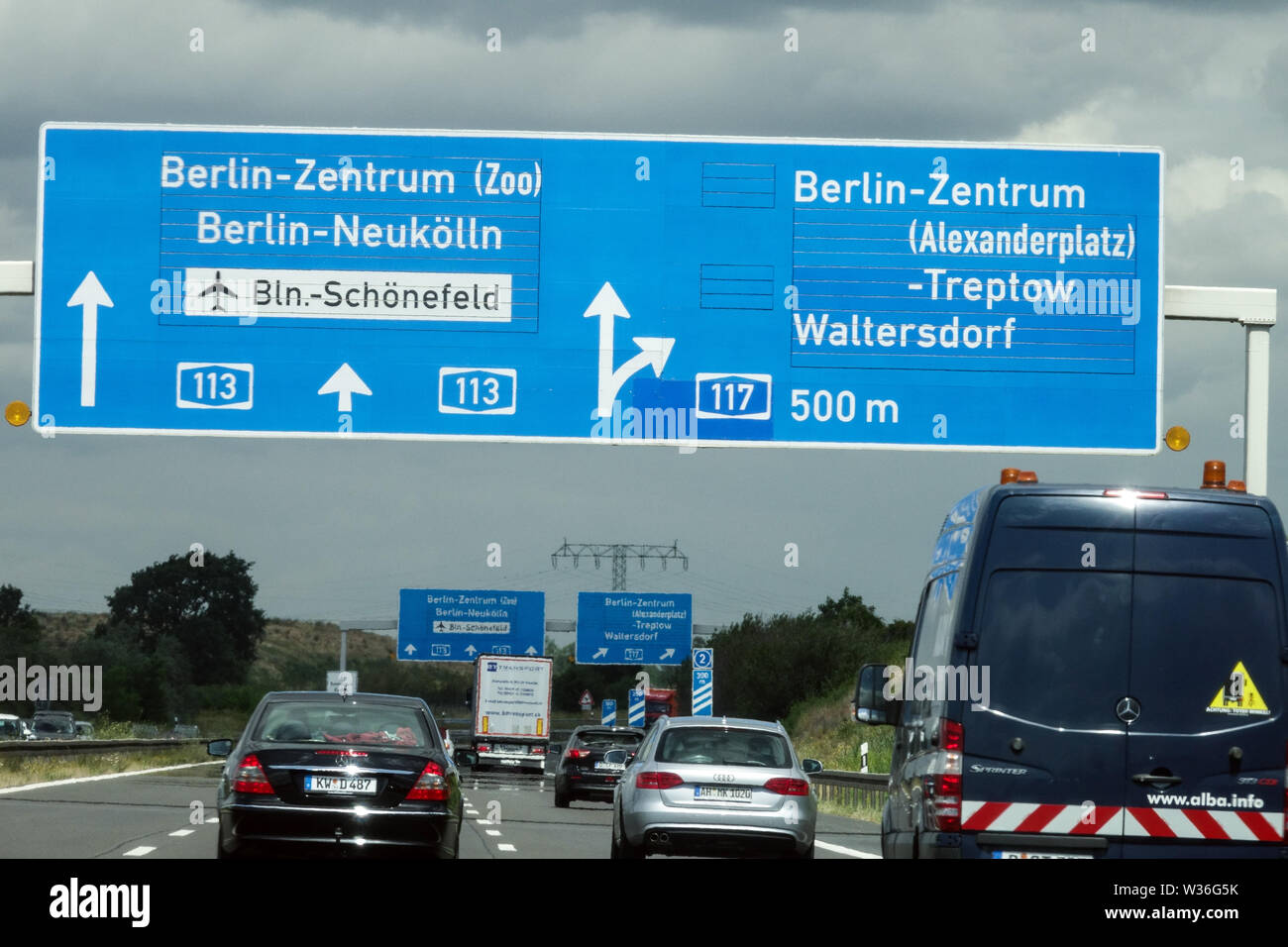 Germany highway sign, traffic multi lane, direction to Berlin Stock Photo