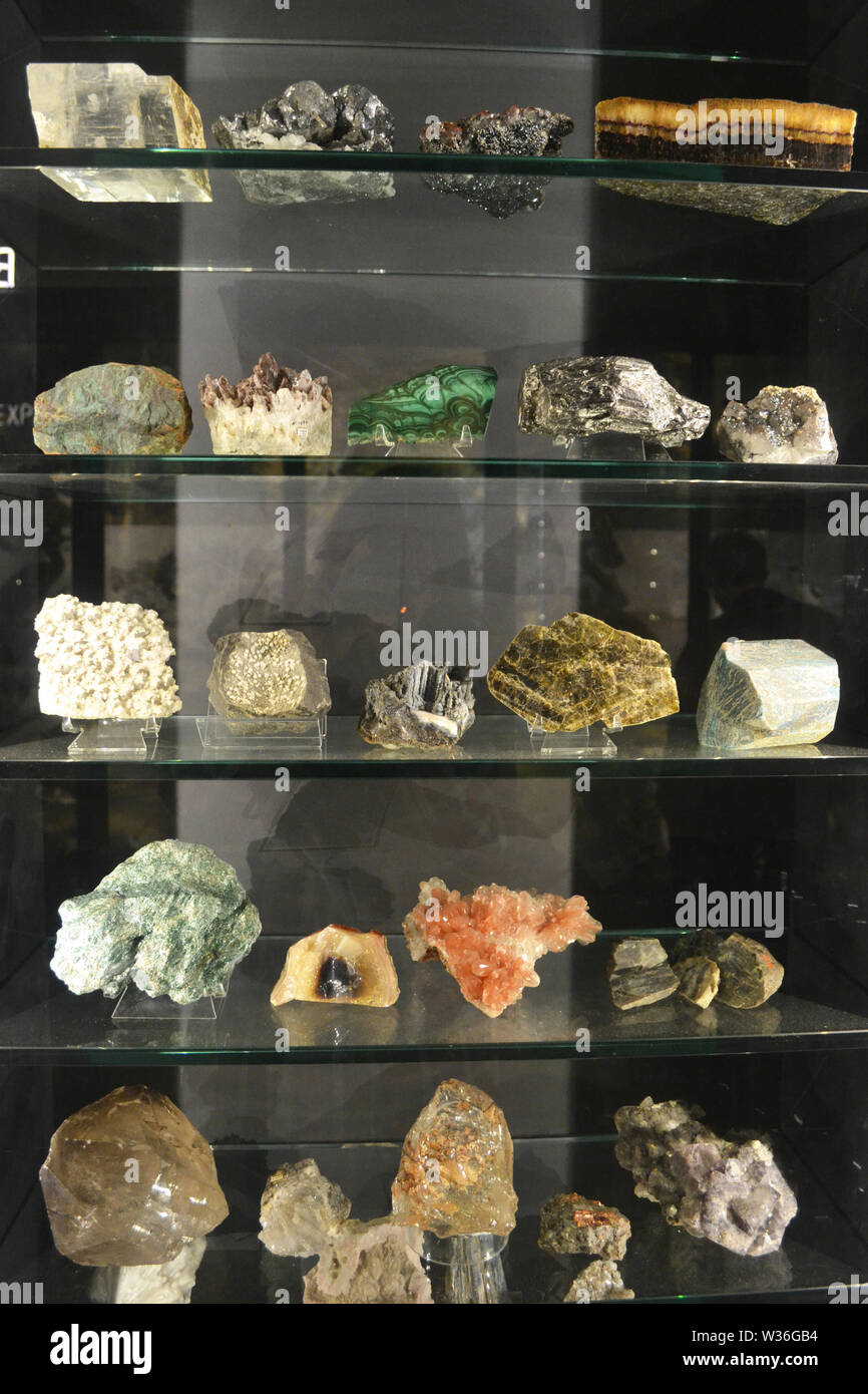 Interesting rocks and gems in the geology section at the Manchester Museum, UK. Part of the University of Manchester Stock Photo