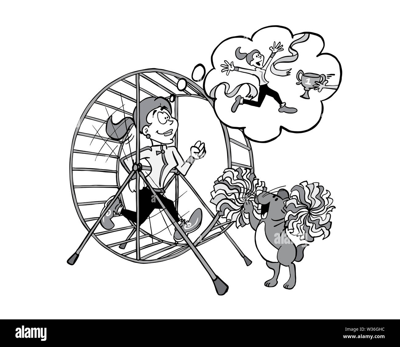Woman training inside a hamster wheel Stock Photo