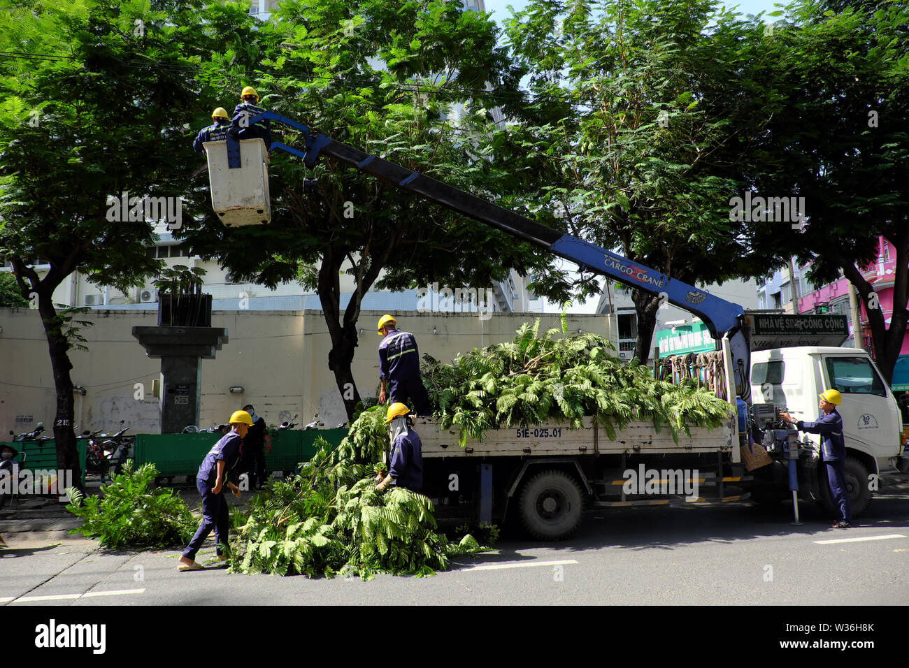 Ho Chi Minh city, Vietnamese worker work on boom lift to cut branch of tree for safety in rain season, crane truck on road for group of people working Stock Photo