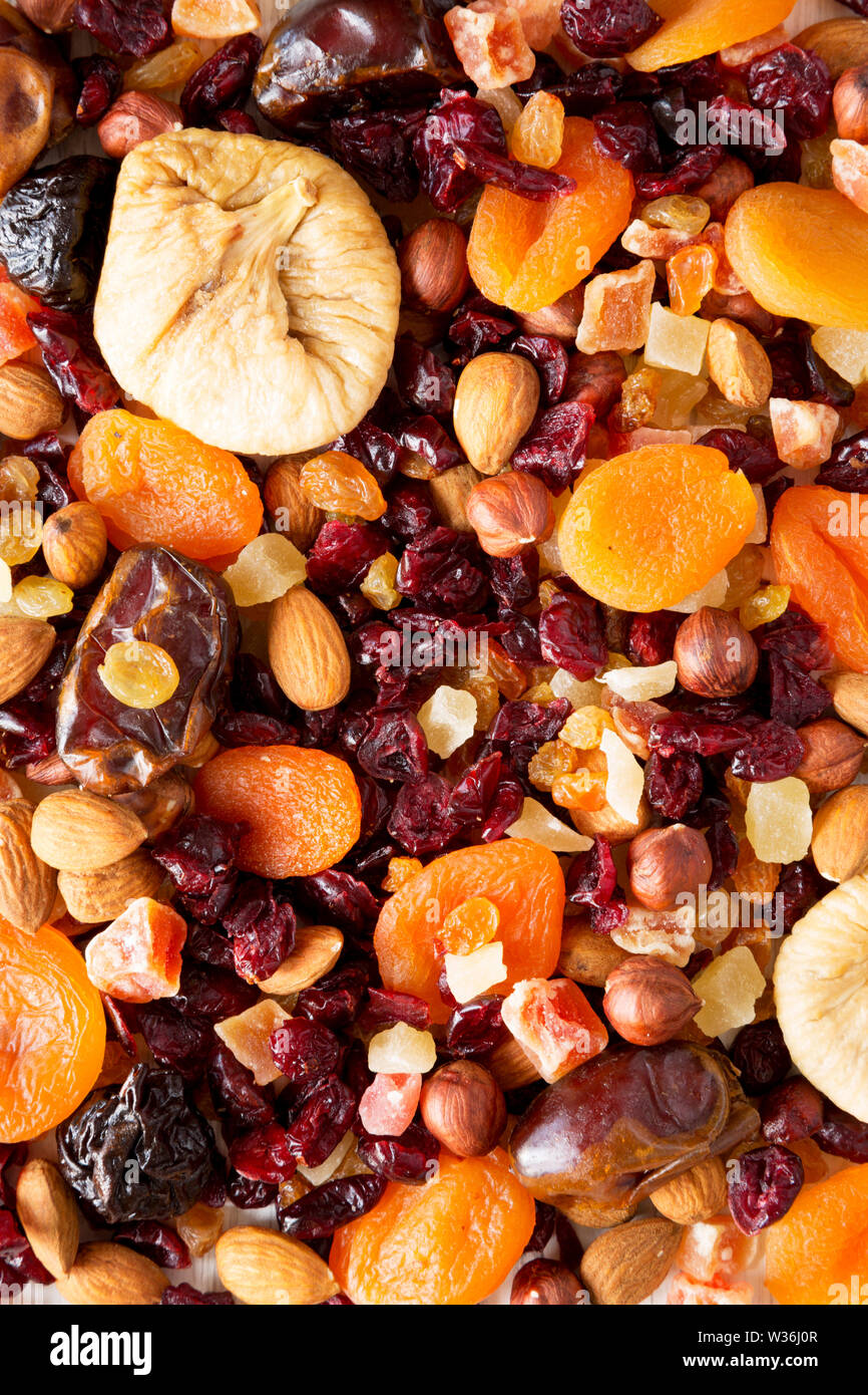 Dried fruits and nut mix background, top view. Closeup Stock Photo Alamy
